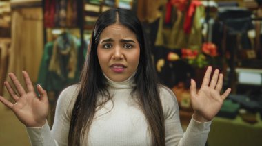 Renkli bir kıyafet mağazası ortamında belirsizliğini ifade eden kadın, canlı giysiler ve aksesuarlarla çevrili, kapalı bir yerde tarafsız bir ifadeyle ve kaldırılmış ellerle.