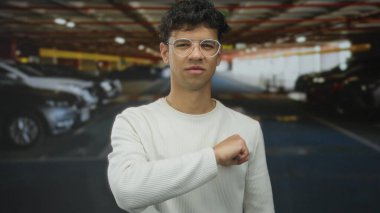 Beyaz kazaklı, kıvırcık saçlı ve gözlüklü bir adam park yerinde kameraya yumruk atıyor..