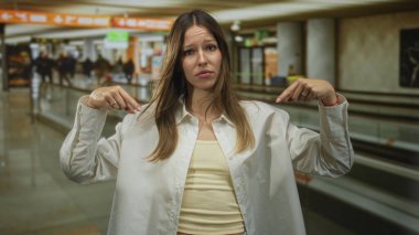 Kalabalık havaalanı terminalinde göğüs göğüse gezen beyaz tişörtlü ve kolsuz tişörtlü bir kadın hareket halindeki yaya ve yolcuları işaret ediyor..