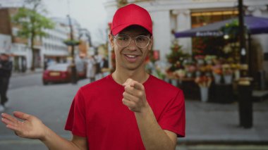 Kırmızı şapkalı ve t-shirtlü genç adam çiçek tezgahının önündeki açık avuç içini işaret ediyor; iyimserlik.