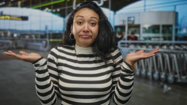 Havaalanındaki bagaj vagonlarının ve kontrol gişelerinin yanında avuçlarıyla omuz silken bir kadın..