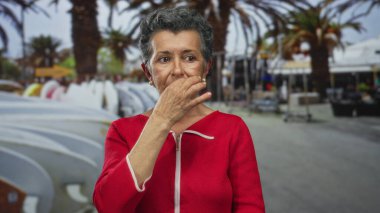 Gezinti güvertesinde kıpkırmızı bir kadın, deniz zemininde sessiz bir ifade sergiliyor ve palmiye ağaçları deniz kıyısındaki huzuru simgeliyor.