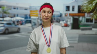 Şehir caddesinde kırmızı saç bandı takmış, yüzünde komik bir ifade olan madalyalı bir kadın..