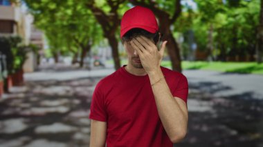 Kırmızı şapkalı ve kırmızı gömlekli genç teslimatçı güneş ışığında ağaçlarla kaplı caddede burnunu çimdikliyor..