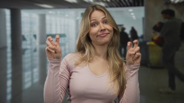 Kadın havaalanı terminalinde iki çıplak elle tırnak işareti yapıyor ve kaşlarını kaldırıyor. Şüphecilik..