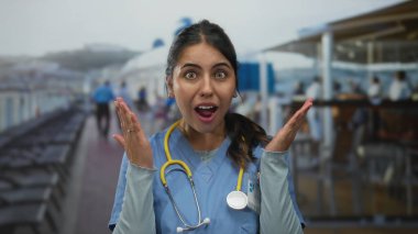 Üzerinde steteskop olan İspanyol kadın doktor deniz kenarında bulanık bir geçmişi olan bir teknede sürpriz yapıyor..