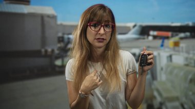 Kırmızı gözlüklü bir kadın arabanın anahtarlarını tutuyor ve havaalanı terminalinde uçak ve jetway 'e yakın bir yerde parmağıyla göğsünü işaret ediyor..