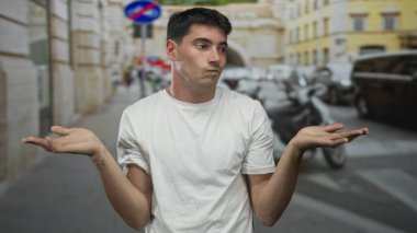 Beyaz tişörtlü genç İspanyol adam scooterlar ve binalar arasında açık avuçlarla omuz silkiyor; belirsizlik.