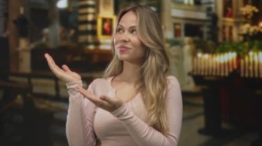 Katolik kilisesinde avuçlarını havaya kaldırmış gülümseyen bir kadın. İnanç bağlılığı barışı umuyor..