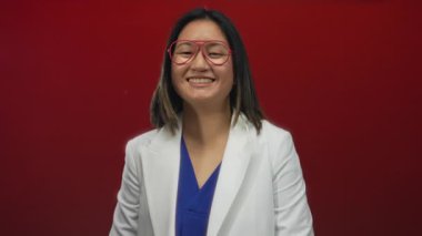 Gözlüklü gülümseyen genç Çinli kadın canlı kırmızı bir arka plana karşı iyi bir jest yapıyor. Profesyonel beyaz bir ceketle pozitifliğini ve onayını iletiyor..