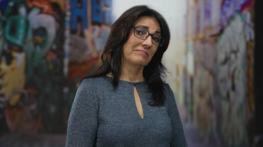 İspanyol kadın gülümsüyor, yüzü renkli duvar yazıları karşısında görülebiliyor..