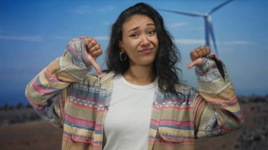 Mavi gökyüzünün altında bir yel değirmeninin yanında, açık bir alanda iki eliyle baş parmak hareketi gösteren kadın, hayal kırıklığı..