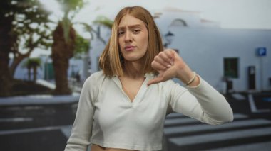 Sarışın bir kadın şehir sokağında arka planı bulanık olan, gelişigüzel giyinmekten hoşlanmadığını belirten baş parmağını kaldırıyor..