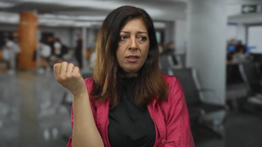 Orta yaşlı İspanyol kadın, modern havaalanı terminalinde tırnak yiyor..