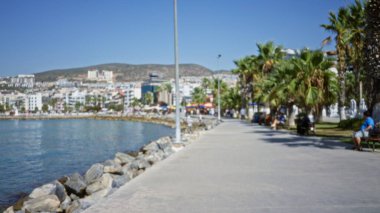 Deniz kenarındaki gezinti alanı, palmiye ağaçları, banklar ve kıyı şeridi ile odağını kaybetmiş uzak şehir şekillerinde hafifçe bulanıklaşmış arka plan telif alanı.