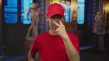 Kırmızı gömlekli ve beysbol şapkalı bir adam müze sergisinde mermer heykeli işaret ediyor..