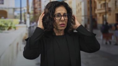 Şehir caddesinde stresi ifade eden, gözlüklü ve siyah elbiseli bir kadın binaların ve bankların bulanık arka planına karşı..