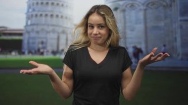 İşeme kulesinin önünde avuç içi silkelenen kadın, günlük siyah gömlek ve görünür önkollar, açık hava turizm sahnesi; belirsizlik seyahat merakı.