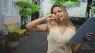 Elinde dosya tutan kadın, sokakta sarı bankın yanında baş parmak hareketi gösteriyor; onaylanmamış karar.