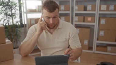 Tableti dinlerken telefonla konuşan ve bir bina ofisindeki raflardaki etiketli karton paketleri kontrol eden bir adam; iş odaklı emirler.