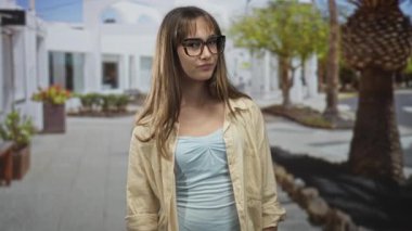 Genç kadın başını eğiyor, çıplak omuzlar görünür halde, şehir caddesinde beyaz bina ve palmiye ağaçları yakınında gözlük takıyor; kendine güven.