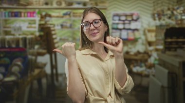 Sarışın kadın, renkli ürün raflarıyla çevrili parlak ışıklı bir süpermarket koridorunda kendini işaret ediyor..