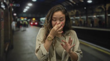Genç İspanyol kadın, tren istasyonunun içindeki kalabalık platformda kötü koku için burnunu sıkar..
