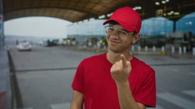 Kırmızı şapkalı ve gözlüklü bir adam havaalanı terminalinde hoş geldin tebessümüyle işaret ediyor..