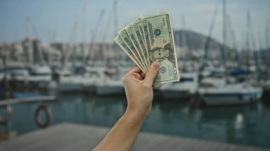 Kafkasyalı bir adam arka planda tekneleri olan bir limanda Amerikan doları tutuyor, açık deniz ortamında Birleşik Devletler para birimini gösteriyor..