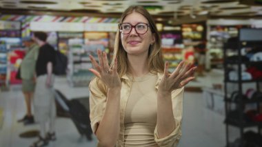 Genç sarışın kadın, havaalanı terminalinde gümrüksüz bir mağazada ellerini çırpıyor..