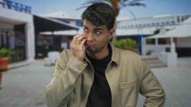 Tatil köyünün avlusunda gözü ovalayan adam; stres yorgunluğu.