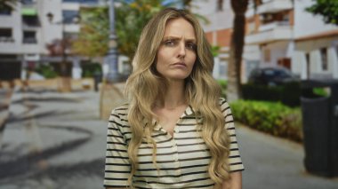 Sokakta sarı saçlı, açık havada dikilen kadın gündüz vakti şehir bölgesinde çizgili gömlek giyiyor..