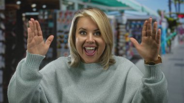 Sarışın kadın, gün ortasında yeşil bir gölgeliğin altında renkli bir hatıra standının önünde el kaldırıyor..