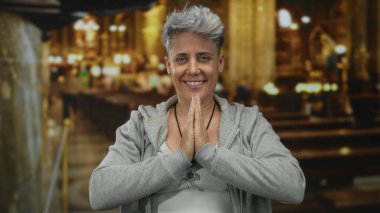 Kadın, loş bir taştan kilise koridorunda kolyeli gri kapüşonlu, dinginlik inancı ile el ele tutuşuyor..