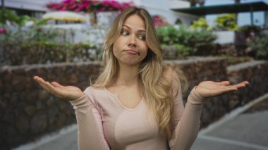 Sarışın, beyaz bir kadın, iki avuç içi de taş duvar zeminiyle sokakta tutuyor; belirsizlik şüphesi kafa karışıklığı.