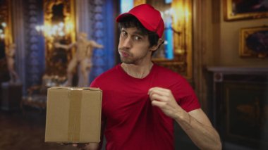 Kırmızı şapkalı adam, bir elinde klasik heykellerin yanındaki binanın içinde karton bir kutu tutuyor..