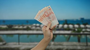 Güneşli bir sahilde el ele tutuşan paralar, rahat ve manzaralı bir ortamda sergilenen para, seyahat ve finansal temalar için mükemmel..