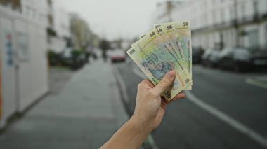 Bir şehir caddesinde elinde Romen banknotları tutan, finans, zenginlik ve şehir ticareti sergileyen bir adam, açık havada belirgin bir şekilde para birimi sergiliyor..