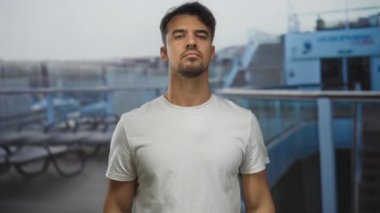 Gezgin teknesindeki genç adam, elleri dışarıda, günlük beyaz gömlek giyiyor, açık denizde güneşli ve bulanık arka planlı bir günde belirsizlik taşıyor..