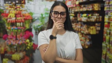 Beyaz tişörtlü, kaplumbağa kabuğu gözlük takan kadın bina koridorunda parlak çiçekleri incelerken el ele ve kollar çapraz; düşünceli merak.