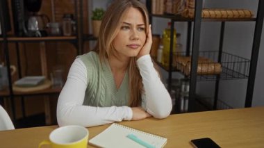 Sarı kupa ve ahşap masa yüzeyinde defter yanında yanak üzerine uzanan kadın merak.