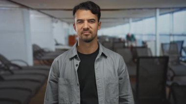 Genç İspanyol adam bir yolcu gemisinin güvertesinde güven içinde duruyor, sakin bir açık hava atmosferiyle günlük kıyafetleri harmanlıyor, rahat seyahat deneyimlerini örnek veriyor..