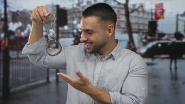 Yağmurlu şehir caddesinde elleri kelepçeli bir adam. Uzakta bulanık trafik ışıkları var. Kolluk kuvvetleri otoritesi ve güveni..