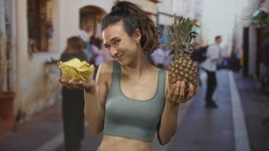 Kadın elinde ananas ve çıplak göbekli bir kase cips ve güneş ışığında gülümseyen bir yüz tutuyor..