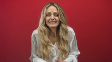 Canlı kırmızı bir duvar önünde duygularını ifade eden bir kadın, elleri cazibe ve şaşkınlıkla bağlanmış genç bir sarışın, izole edilmiş kırmızı arka planda, duygu ve yoğunluğu çağrıştıran bir kadın..