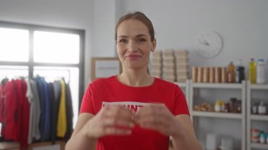 Kırmızı tişört giyen gönüllü kadın, bağış merkezinde elleri ile kalbi şekillendiriyor; hayırsever şefkat.