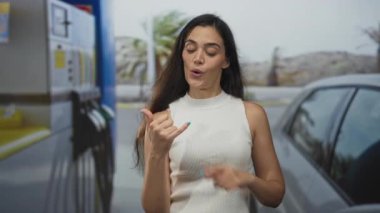 Genç İspanyol kadın, açık hava benzin istasyonunda bir benzin pompasının yanında başparmak ve serçe parmağı hareketi kullanıyor..
