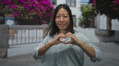 Çiçekli bougainvillea ve alçak tırabzan ile kalp şeklini oluşturan kadın kameraya, gündelik gömleğe, sevgi şefkatine bakıyor..