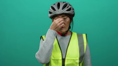 Miğfer ve yansıtıcı yelek giyen İspanyol kıdemli kadın, yorgunluğu ve güvenliği resmeden yeşil duvar arkaplanının önünde burnuna dokunur..