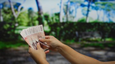 İzlanda Krona 'yı elinde tutan adam, şehir parkında açık hava banknotları tutuyor, sakin bir şehir geçmişine sahip iş ve yatırım altseslerini vurguluyor..